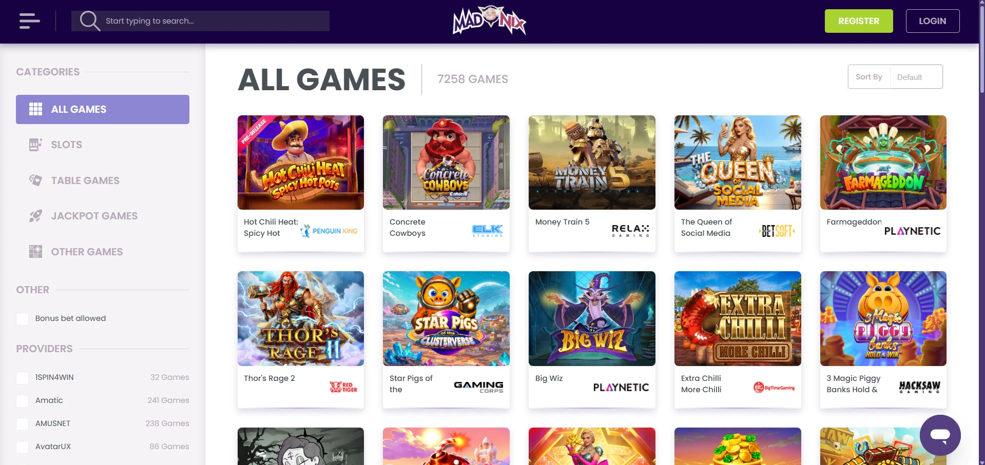 MadNix game lobby with pokie icons